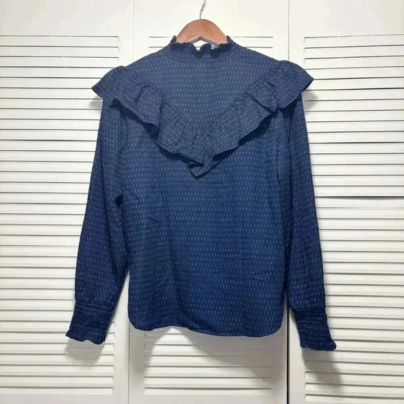 NWT LOFT Navy Blue White Pattern Cotton Long Sleeve Ruffle Button Up Blouse S - Picture 7 of 7